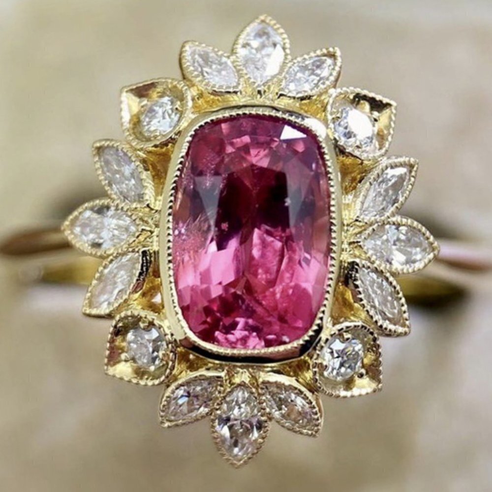 🍂  18K Gold Plated Flower Shaped Red 3A CZ Women Ring, FB16FA1038